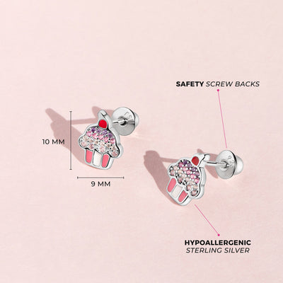 Colorful Cubic Zirconia Cupcake Baby / Toddler / Kids Earrings Screw Back Enamel - Sterling Silver