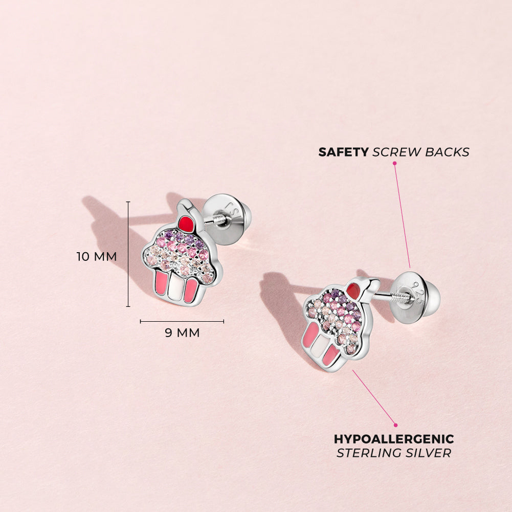 Colorful Cubic Zirconia Cupcake Baby / Toddler / Kids Earrings Screw Back Enamel - Sterling Silver