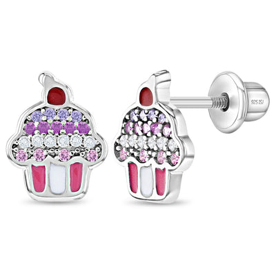 Colorful Cubic Zirconia Cupcake Baby / Toddler / Kids Earrings Screw Back Enamel - Sterling Silver