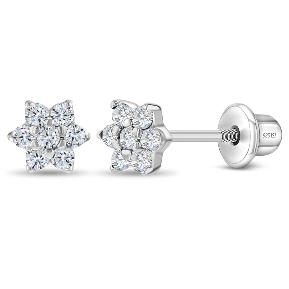 Pink Rose Gold Plated 925 Sterling Silver Flower Cluster Stud Earrings - Iced CZ, Screw Back, 10mm