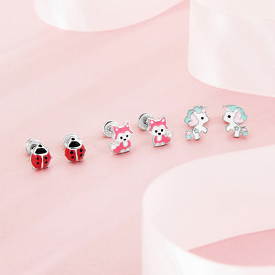 Little Fox Kids / Children's / Girls Earrings Screw Back Enamel - Sterling Silver