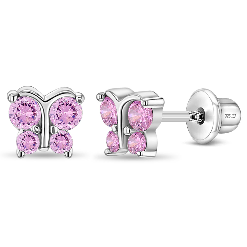 Rhodium Plated Petite Pink CZ Prong Set Round Screw Back Earrings