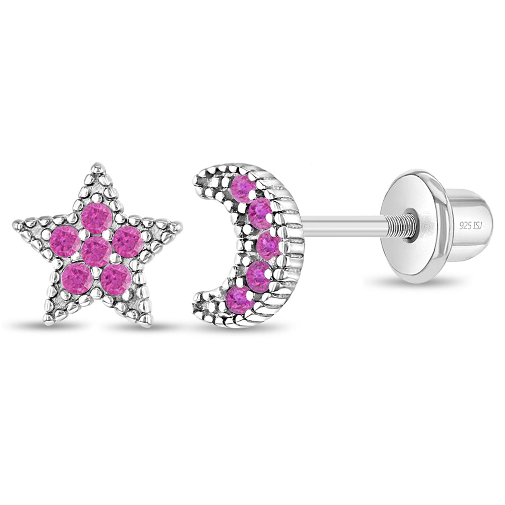 Star & Moon Cubic Zirconia Baby / Toddler / Kids Earrings Screw Back Celestial - Sterling Silver