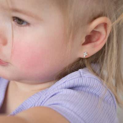 Delicate CZ Cross 6mm Baby / Toddler / Kids Earrings Screw Back - Sterling Silver