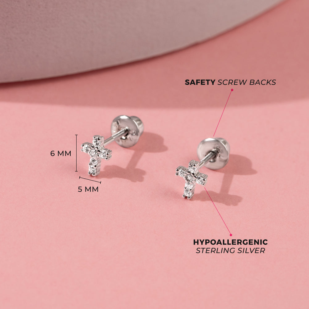 Delicate CZ Cross 6mm Baby / Toddler / Kids Earrings Screw Back - Ster