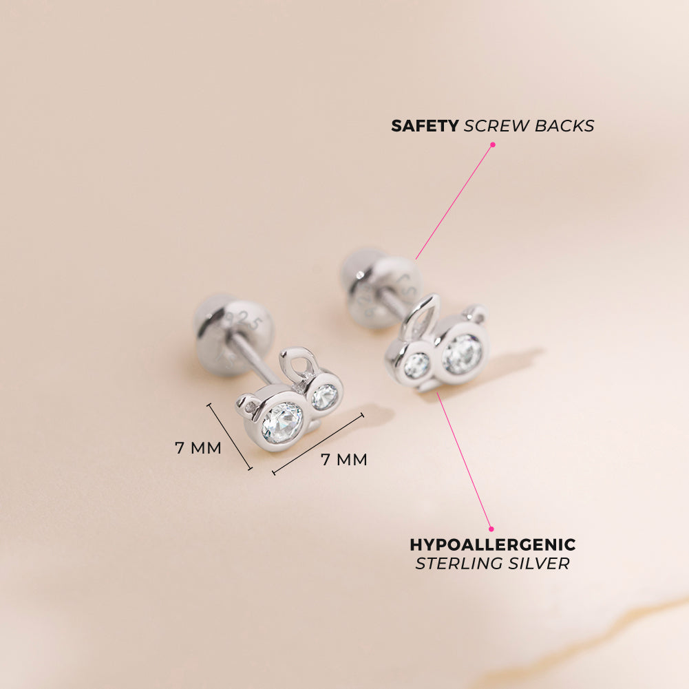 Cubic Zirconia Bunnies Baby / Toddler / Kids Earrings Screw Back - Sterling Silver