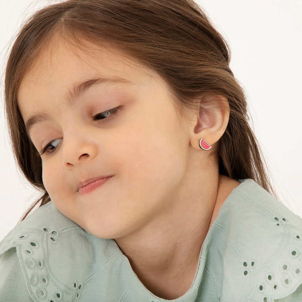 Yummy Watermelon Kids / Children's / Girls Earrings Screw Back Enamel - Sterling Silver