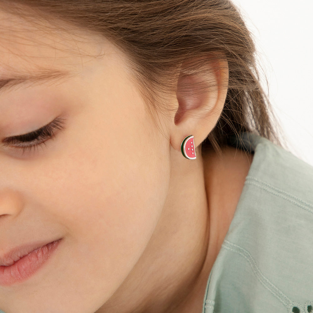 Yummy Watermelon Kids / Children's / Girls Earrings Screw Back Enamel - Sterling Silver