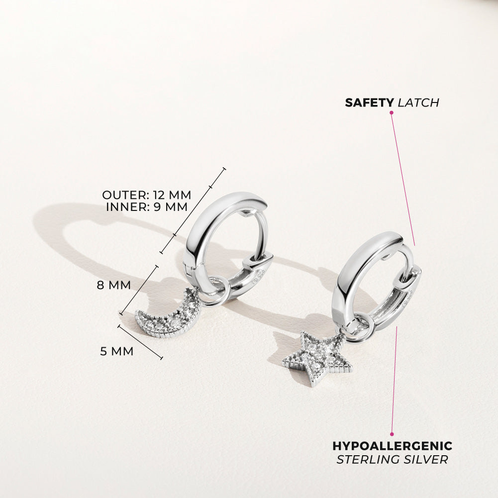 Star & Moon Dangle 9mm Kids / Children's / Girls Earrings Hoop/Huggie Celestial Safety Latch - Sterling Silver