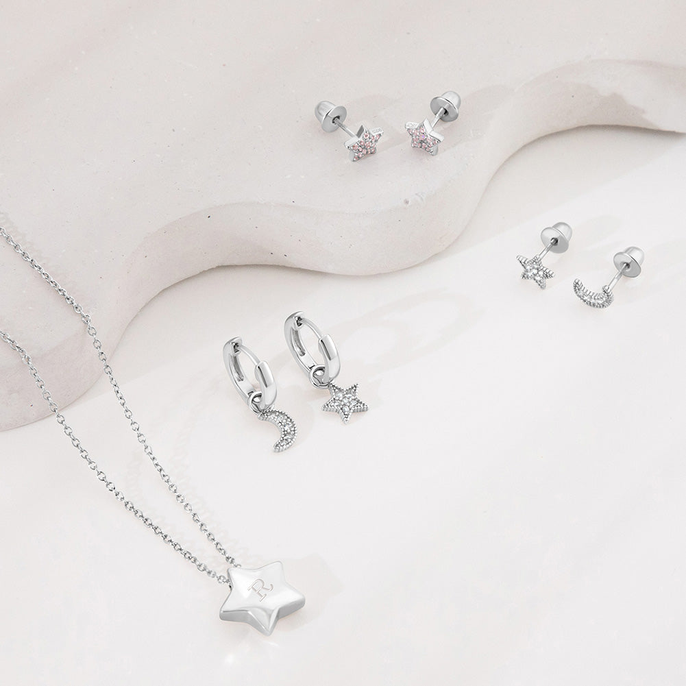 Star & Moon Dangle 9mm Kids / Children's / Girls Earrings Hoop/Huggie Celestial Safety Latch - Sterling Silver