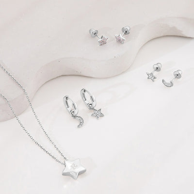 Star & Moon Dangle 9mm Kids / Children's / Girls Earrings Hoop/Huggie Celestial Safety Latch - Sterling Silver