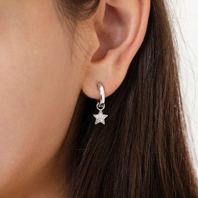 Star & Moon Dangle 9mm Kids / Children's / Girls Earrings Hoop/Huggie Celestial Safety Latch - Sterling Silver