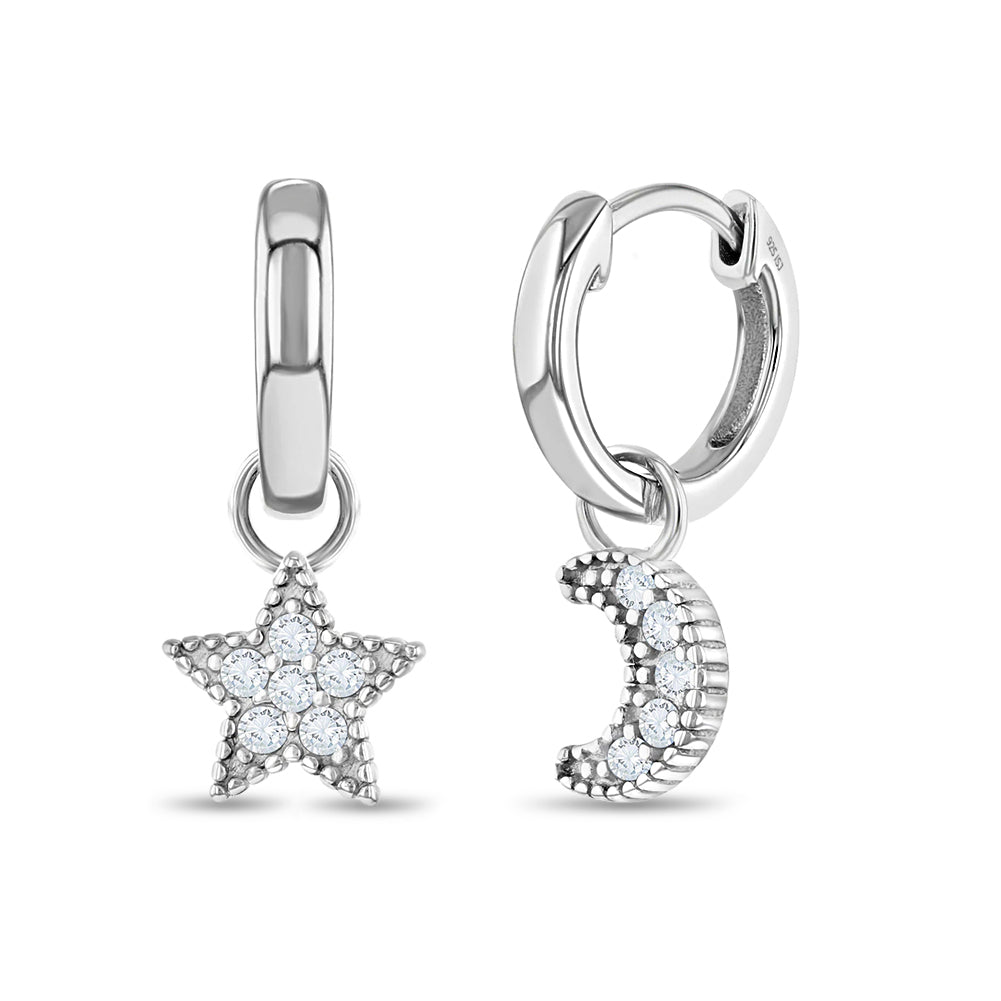 Star & Moon Dangle 9mm Kids / Children's / Girls Earrings Hoop/Huggie Celestial Safety Latch - Sterling Silver