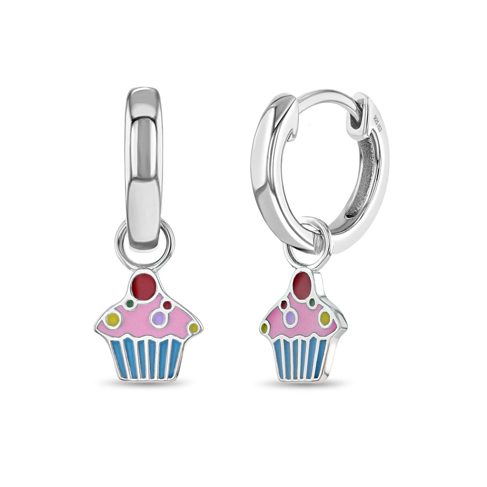 Cupcake Dangle 9mm Kids / Children's / Girls Earrings Hoop/Huggie Enamel - Sterling Silver
