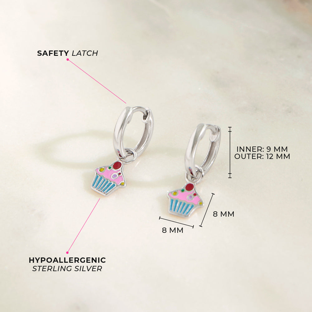 Cupcake Dangle 9mm Kids / Children's / Girls Earrings Hoop/Huggie Enamel - Sterling Silver