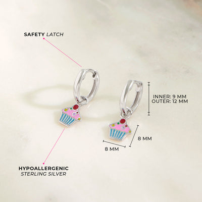 Cupcake Dangle 9mm Kids / Children's / Girls Earrings Hoop/Huggie Enamel - Sterling Silver