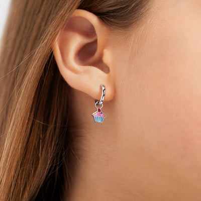 Cupcake Dangle 9mm Kids / Children's / Girls Earrings Hoop/Huggie Enamel - Sterling Silver