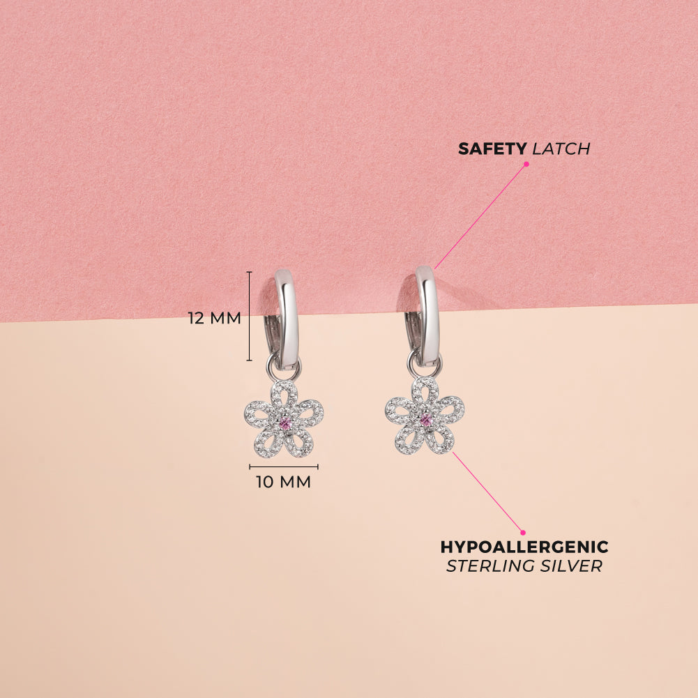 Groovy CZ Flower Dangle 9mm Kids / Children's / Girls Earrings Hoop/Huggie Safety Latch - Sterling Silver