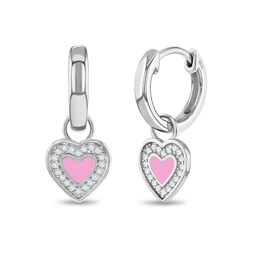 CZ Heart Dangle 9mm Kids / Children's / Girls Earrings Hoop/Huggie Enamel Safety Latch - Sterling Silver
