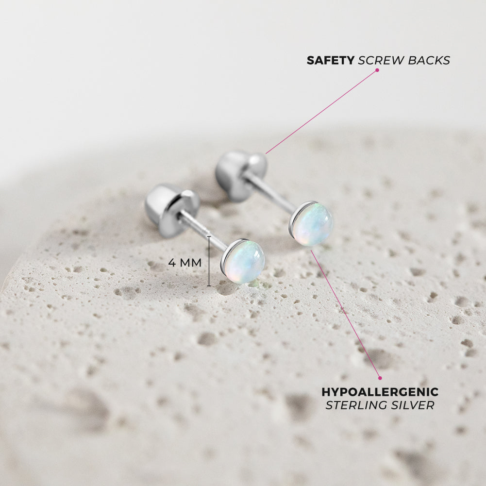 Opal Button 4mm Baby / Toddler / Kids Earrings Screw Back - Sterling Silver