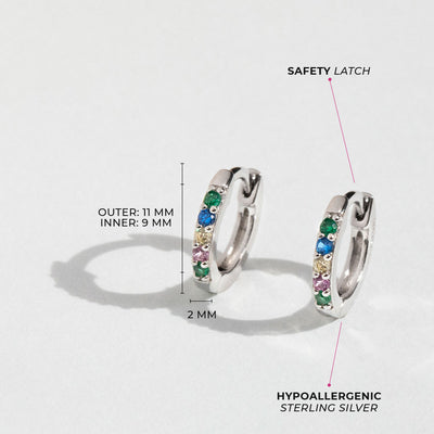 Colorful CZ Gem 9mm Baby / Toddler / Kids Earrings Hoop/Huggie Safety Latch - Sterling Silver