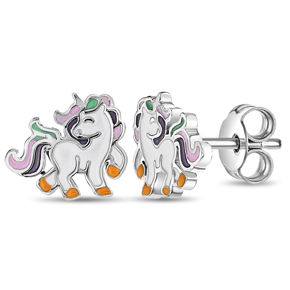 Galloping Unicorn Kids / Children's / Girls Earrings - Sterling Silver