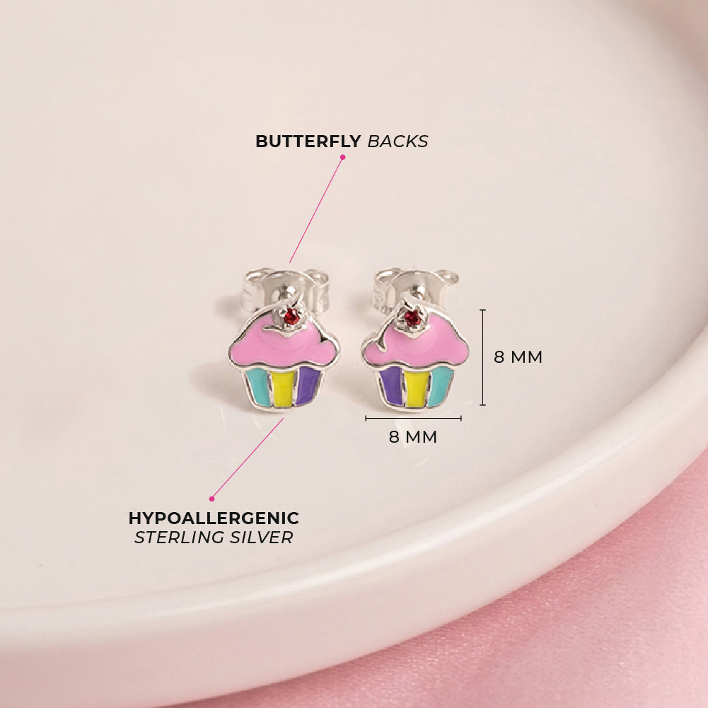 Pink Frosted Cupcake Kids / Children's / Girls Earrings Enamel - Sterling Silver