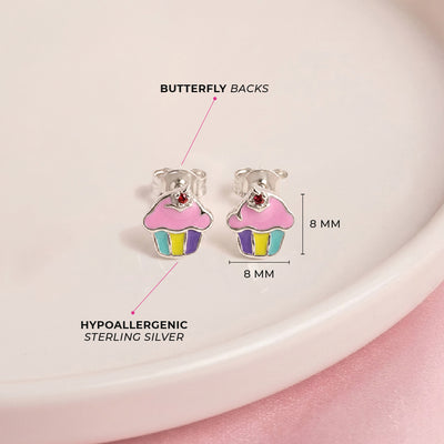 Pink Frosted Cupcake Kids / Children's / Girls Earrings Enamel - Sterling Silver