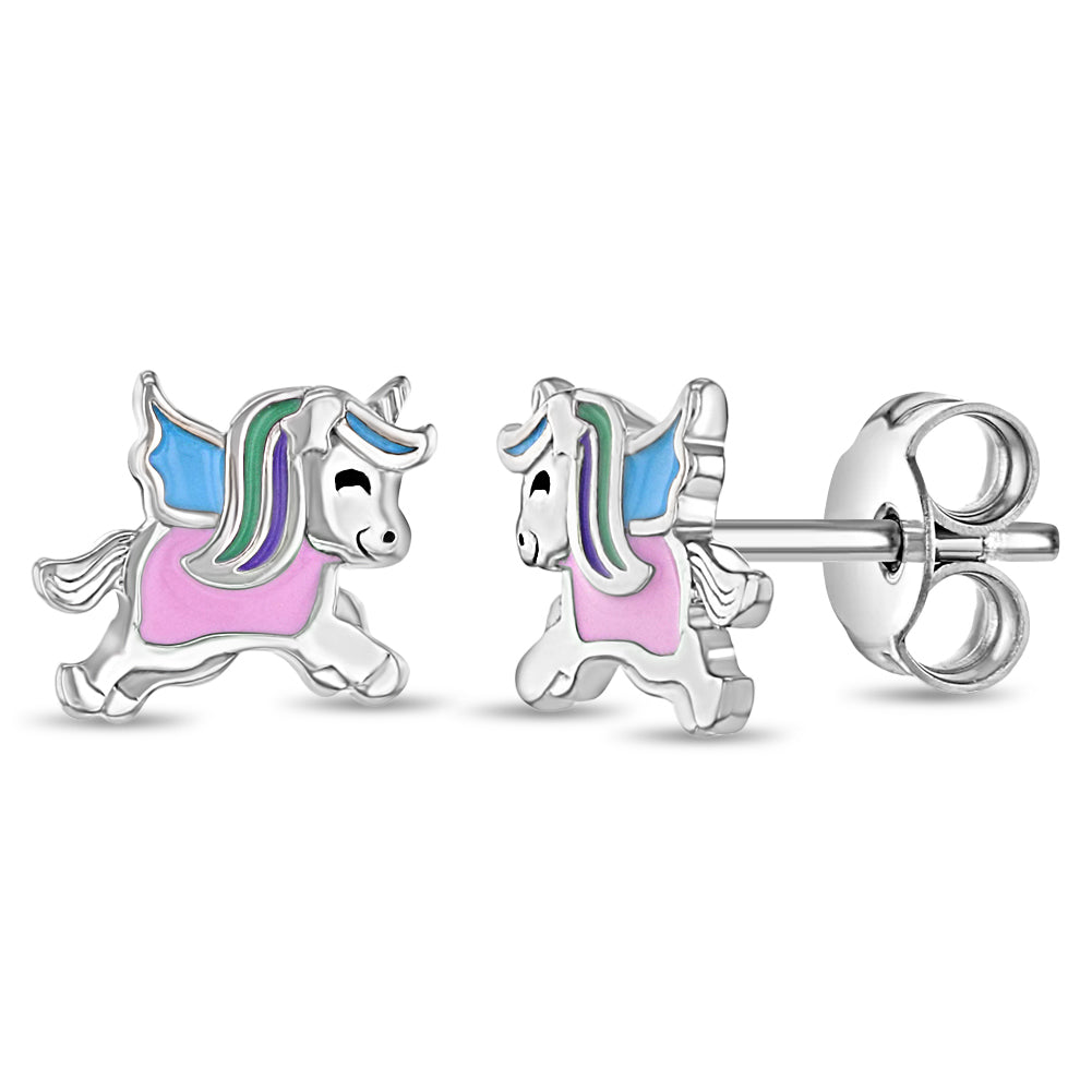 Unicorn in Flight Kids / Children's / Girls Earrings Enamel - Sterling Silver