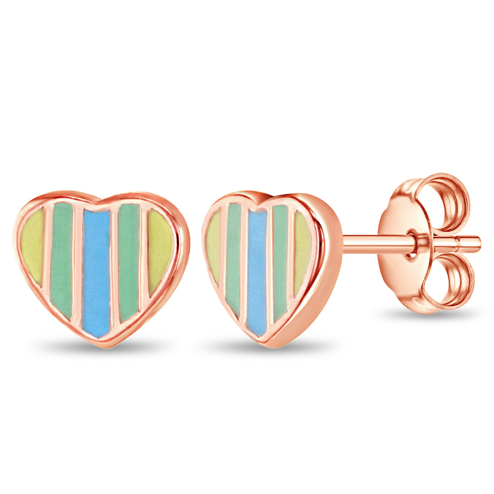 Rainbow Heart Kids / Teen Earrings Enamel - Sterling Silver Rose Gold Plated