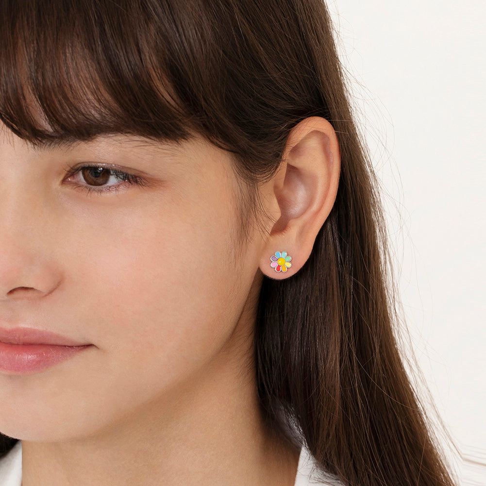 Rainbow Daisy Kids / Children's / Girls Earrings Enamel - Sterling Silver