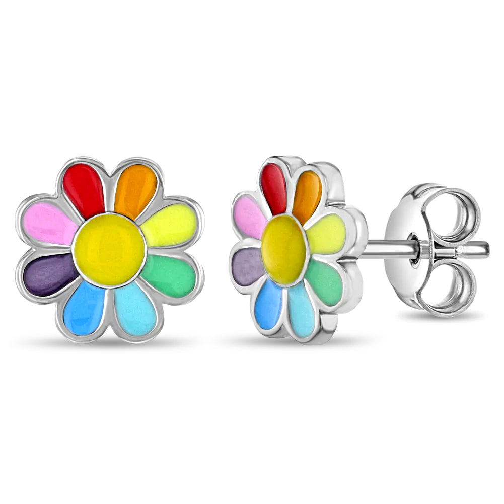 Rainbow Daisy Kids / Children's / Girls Earrings Enamel - Sterling Silver