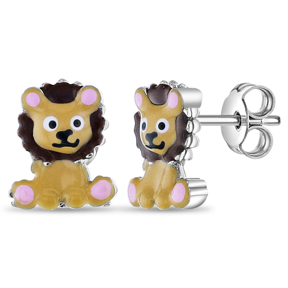 Wild Lion Toddler / Kids / Girls Earrings Enamel - Sterling Silver