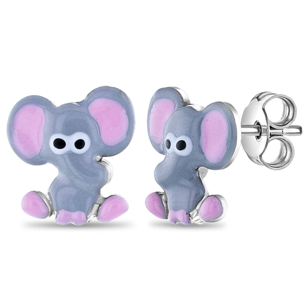 Cheerful Elephant Gray Toddler / Kids / Girls Earrings Enamel - Sterling Silver