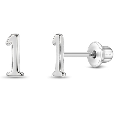 Polished Number Kids / Children's / Girls Earrings Screw Back - Sterling Silver