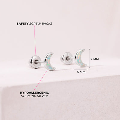 Opal Crescent Moon Kids / Children's / Girls Earrings Screw Back - Sterling Silver