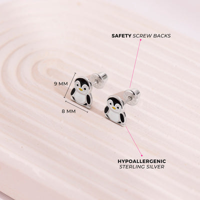 Playful Penguin Kids / Children's / Girls Earrings Screw Back - Sterling Silver