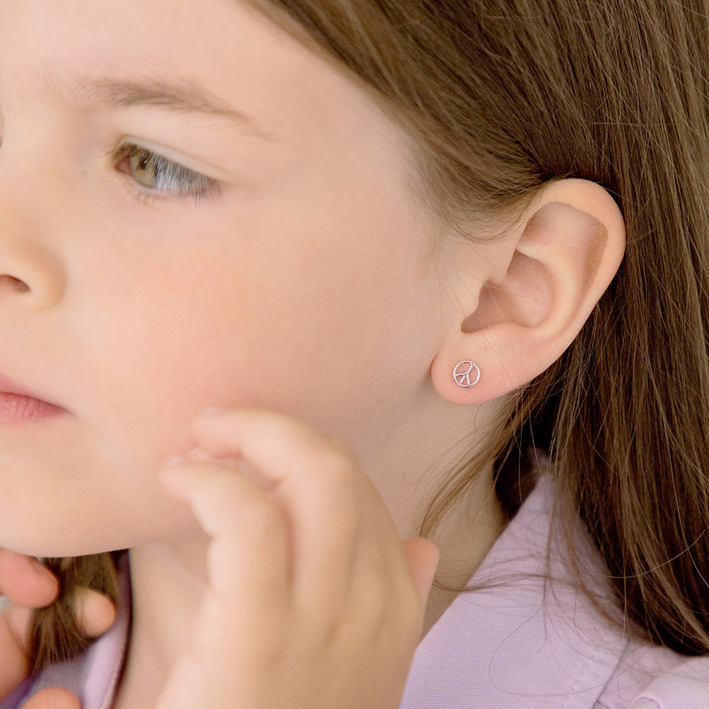 Retro Peace Sign Kids / Children's / Girls Earrings Screw Back - Sterling Silver