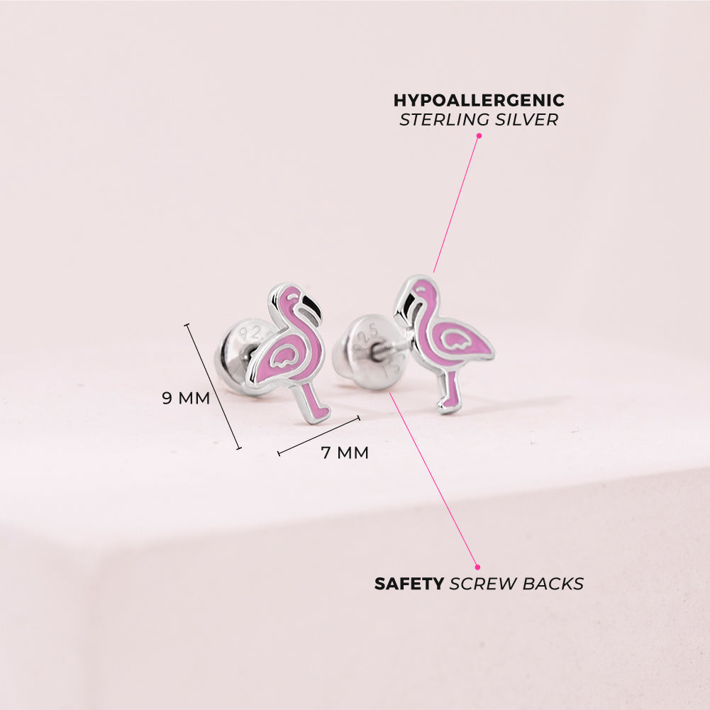 Fancy Flamingo Pink Kids / Children's / Girls Earrings Screw Back Enamel - Sterling Silver