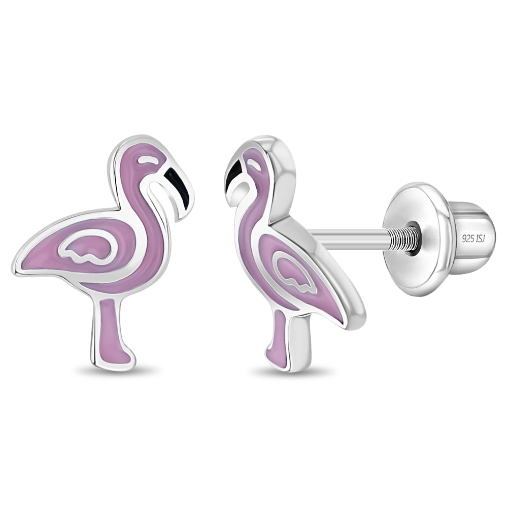 Fancy Flamingo Pink Kids / Children's / Girls Earrings Screw Back Enamel - Sterling Silver