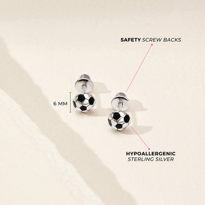 Soccer Ball Kids / Children's / Girls Earrings Screw Back Enamel - Sterling Silver