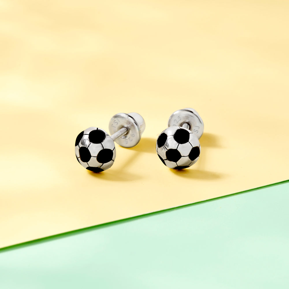 Soccer Ball Kids / Children's / Girls Earrings Screw Back Enamel - Sterling Silver