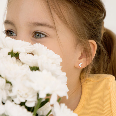 Classic Crescent Moon Kids / Children's / Girls Earrings Screw Back - Sterling Silver