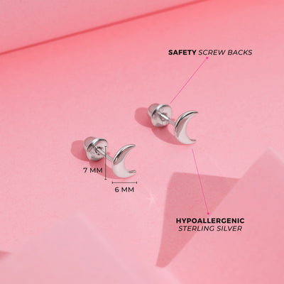 Classic Crescent Moon Kids / Children's / Girls Earrings Screw Back - Sterling Silver