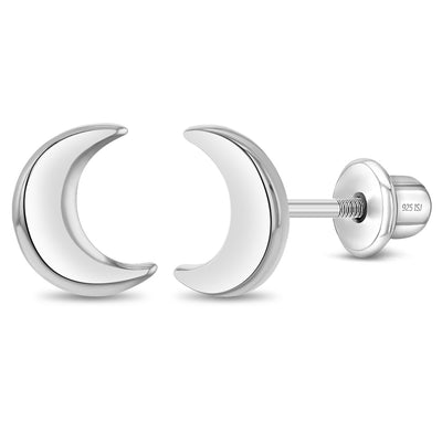 Classic Crescent Moon Kids / Children's / Girls Earrings Screw Back - Sterling Silver