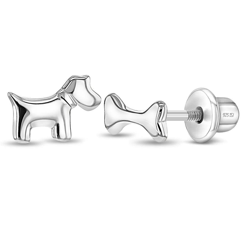 Dainty Dog and Bone Kids / Children's / Girls Earrings Screw Back - Sterling Silver