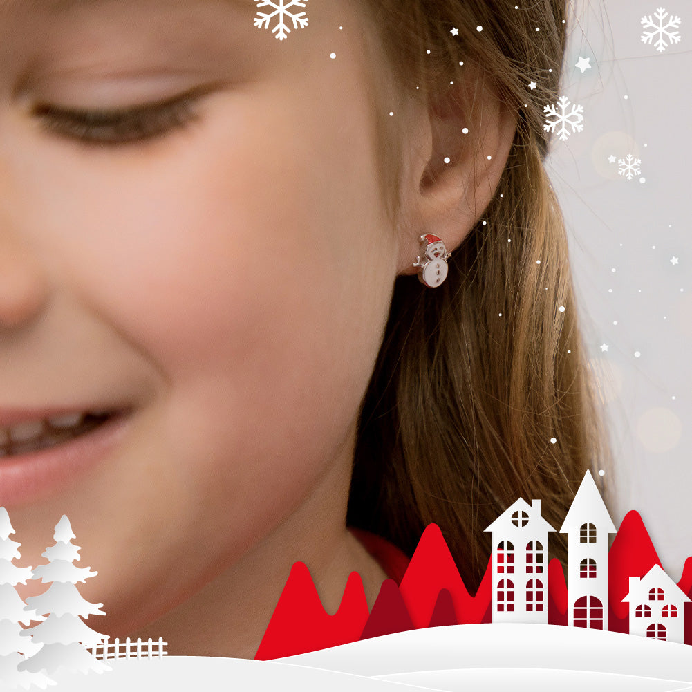 Christmas Snowman Kids / Children's / Girls Earrings Enamel - Sterling Silver