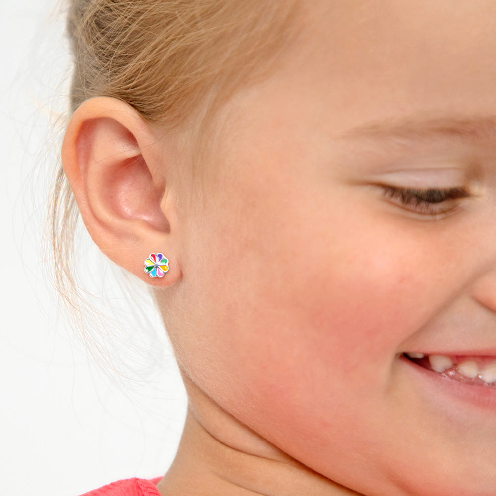 Vibrant Floral Kids / Children's / Girls Earrings Enamel - Sterling Silver