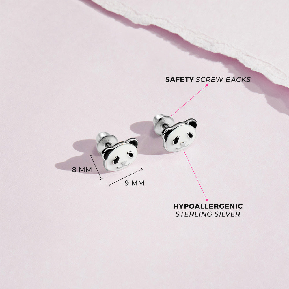 Baby Panda Toddler / Kids Earrings Screw Back Enamel - Sterling Silver