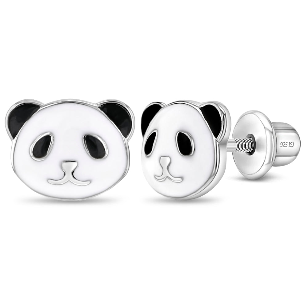 Baby Panda Toddler / Kids Earrings Screw Back Enamel - Sterling Silver